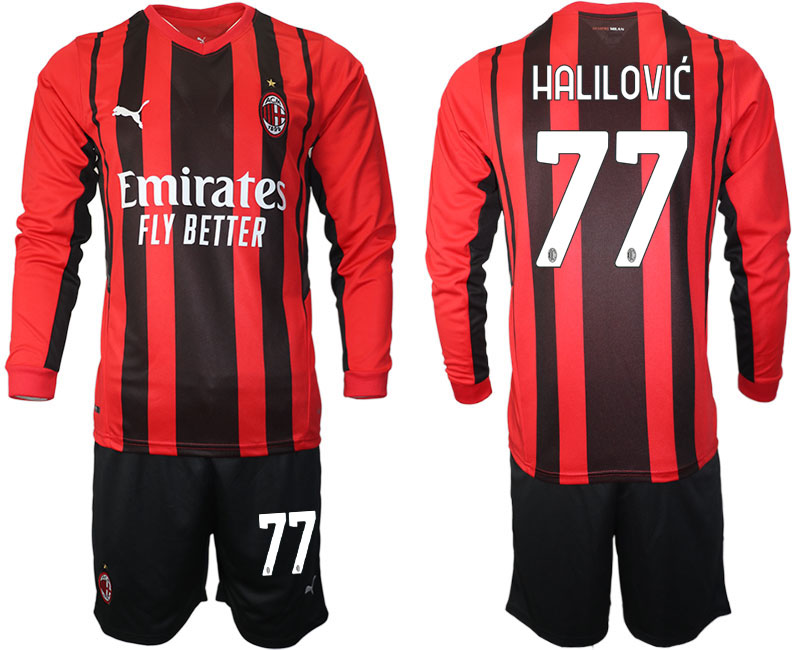 Men 2021-2022 Club Ac Milan home red Long Sleeve #77 Soccer Jersey->ac milan jersey->Soccer Club Jersey